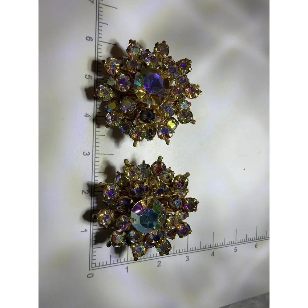 Vintage AB Rhinestone Clip On Earrings Aurora Borealis Starburst Gold Tone Round